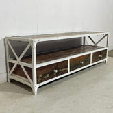 Indian Furniture Handmade Mango Wood 3 drawers Tv Unit with Metal Stand 150x40x90Cm